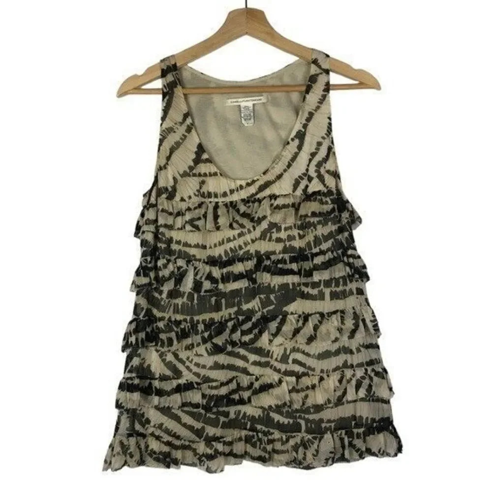 Diane Von Furstenberg Brown & White Printed Tiered Ruffle Sleeveless Blouse 2